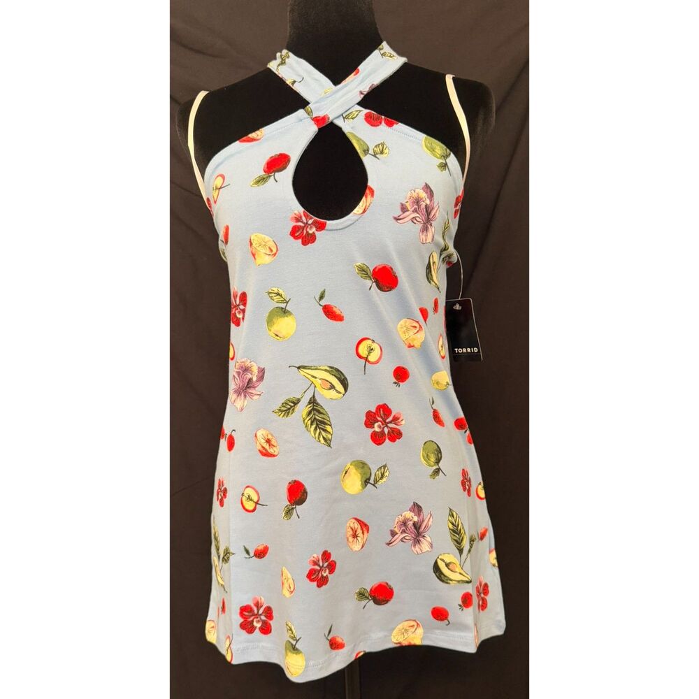 #187 - Torrid Retro Foxy Twist Neck Halter Top - Frankie Fruits Blue - Size 1